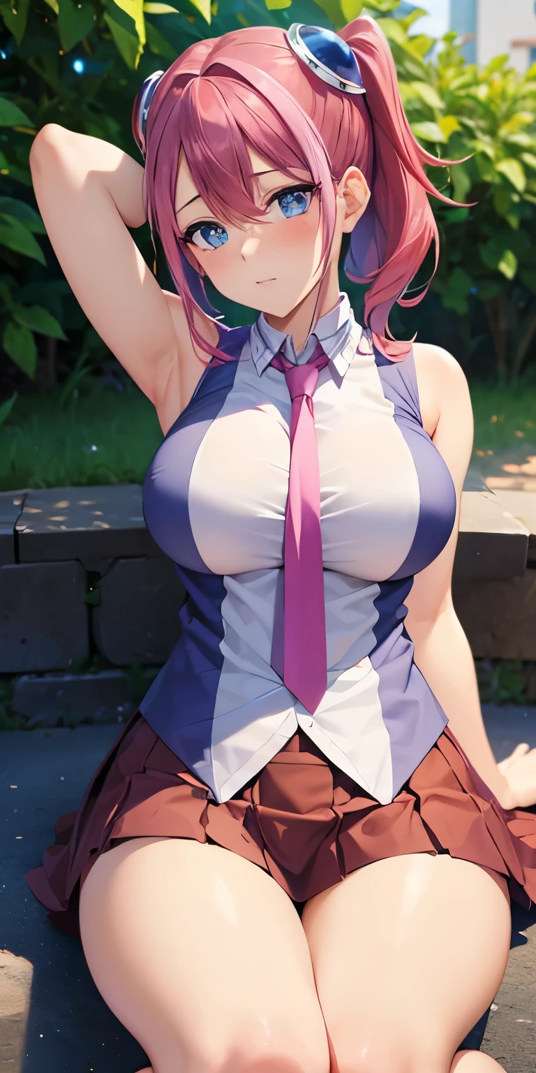 1 Female,High definition,high resolution,Ultra-realistic,8K, hy1, hair ornament, multicolored hair, blue eyes,necktie,pink skirt,tight skirt, miniskirt ,sleeveless, jewelry, large breasts,European,sexy,Upper body close-up,Photographed from the front,Dynamic Angles,(blush), (medium tits) ,(arms behind head),(show thong),(sitting on knees),(spread legs)