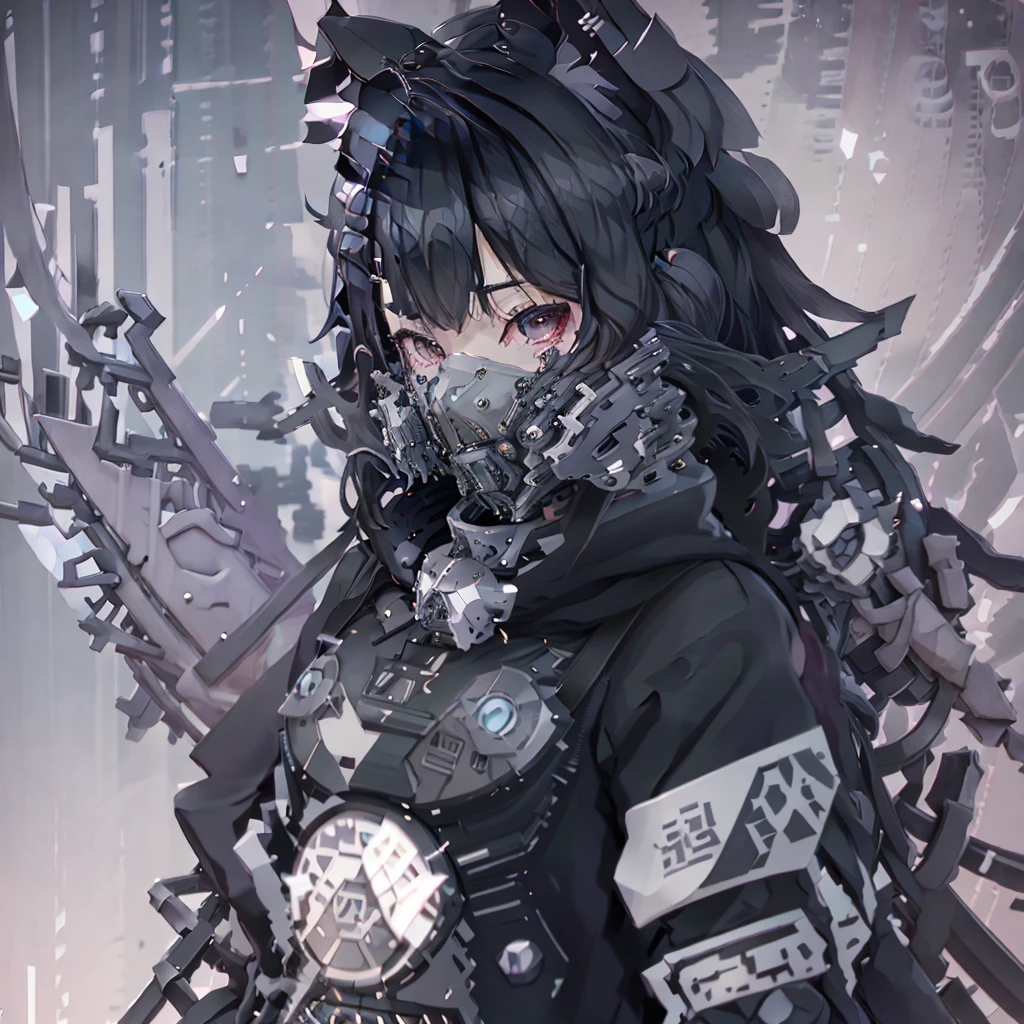 (YukiShido), (masterpiece, top quality, best quality, official art, beautiful and aesthetic:1.3, photorealistic:1.4, photo, raw), 1girl solo, techpunkmask, fox ears, cat ears, (gray eyes), beautiful long hair, (wearing black oni mask with sharp fangs), dataviz style , polygons, wireframes, datapoints, purple tones, cyan tones, camellia flower, fractals, Fibonacci sequence . 3D, paper folding, paper cutting, Japanese, intricate, precision, clean lines, uper body