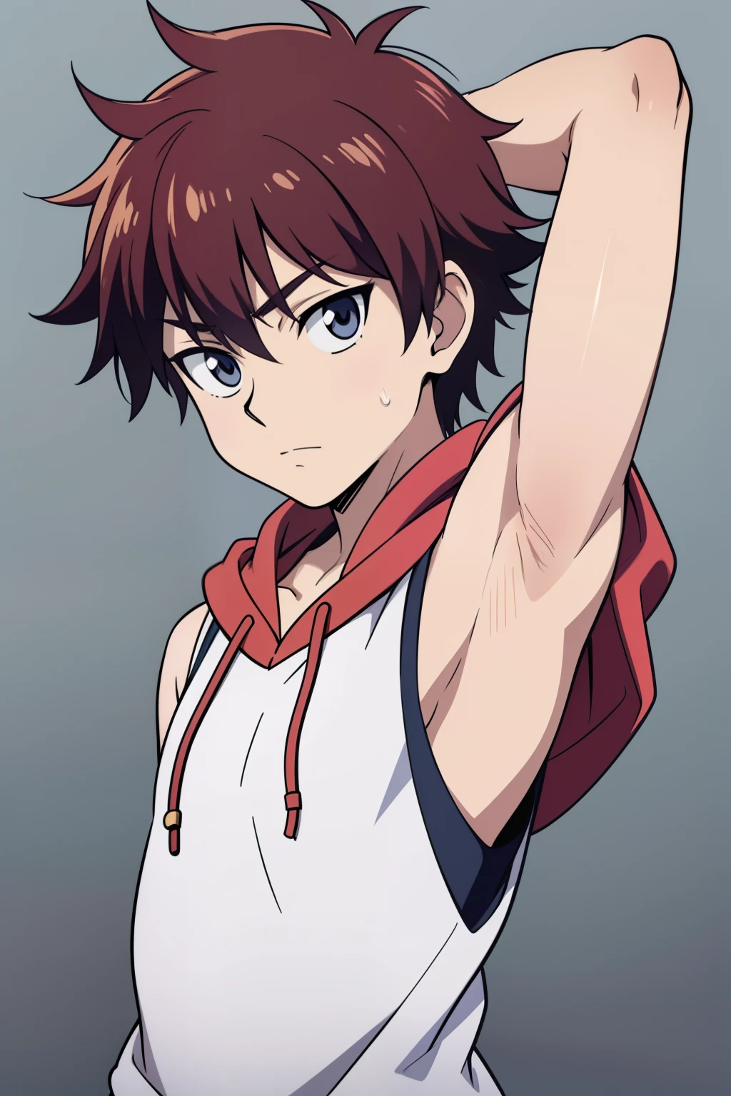 Highres, Masterpiece, Best quality at best,Best Quality,hight quality, hight detailed, Anime style, , 1boy, Boy, Shota, Solo person, Young boy, upper body, slim body, red hair, Sleeveless hoodie, bare shoulder, grey background, (Showing armpit:1.3), Give me a picture of the armpit of a young boy, the armpit looks clean and smells good, the armpit is very beautiful, the boy is teasing using his armpit, shine closer to the armpit, Cute armpit, Sexy armpit, seductive armpits, Such a cute smooth armpit, The armpits of a boy, Adorable little armpits, Give me a proportional picture of a boy's armpits, (very young boy), (Very small and short body), uhd, bokeh