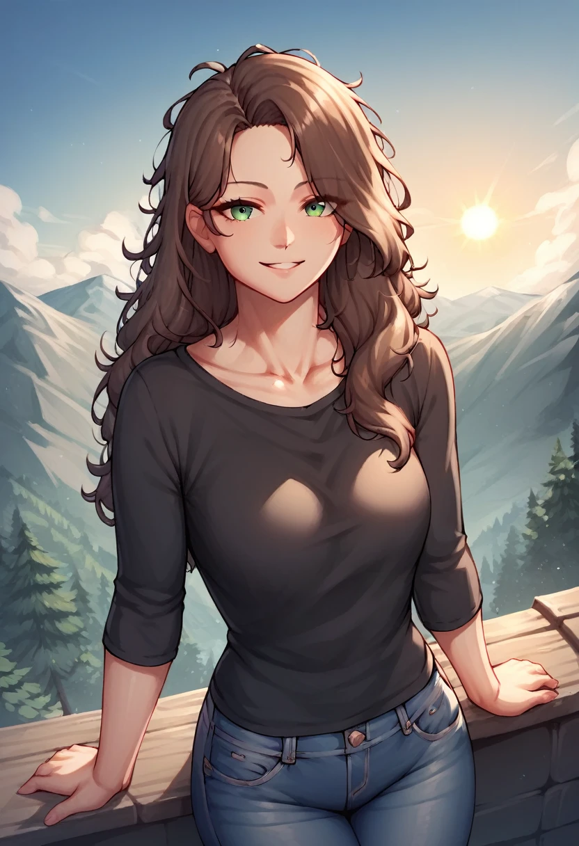 score_9, score_8_up, score_7_up, score_6_up, score_5_up, score_4_up, source_anime, 1girl,lisadef, upper body, sexy smile, +18, sexy woman, brown hair, long hair, green eyes, messy hair, black shirt, jeans, full body, worth, turn your back, nature, forest, sun day, clear sky, The track, looking at the viewer, best quality, best res, 4K UHD,
 From Above, mountainous area, High Resolution, 