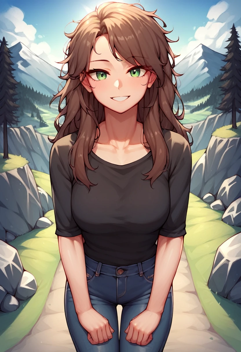 score_9, score_8_up, score_7_up, score_6_up, score_5_up, score_4_up, source_anime, 1girl,lisadef, upper body, sexy smile, +18, sexy woman, brown hair, long hair, green eyes, messy hair, black shirt, jeans, full body, worth, turn your back, nature, forest, sun day, clear sky, The track, looking at the viewer, best quality, best res, 4K UHD,
 From Above, mountainous area, High Resolution, 