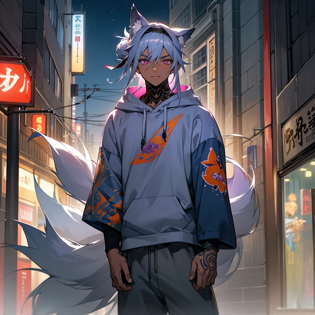 1male,  adult, dark skin, finely detailed plum eyes, messy top bun, wild long hair, grey hair color with blue highlights, designer hoodie, baggy pants, standing on street, night time, tokyo streets, excited expression, muscular, tattoos, holding soda In hand, wolf ears, wolf tail, baseball cap