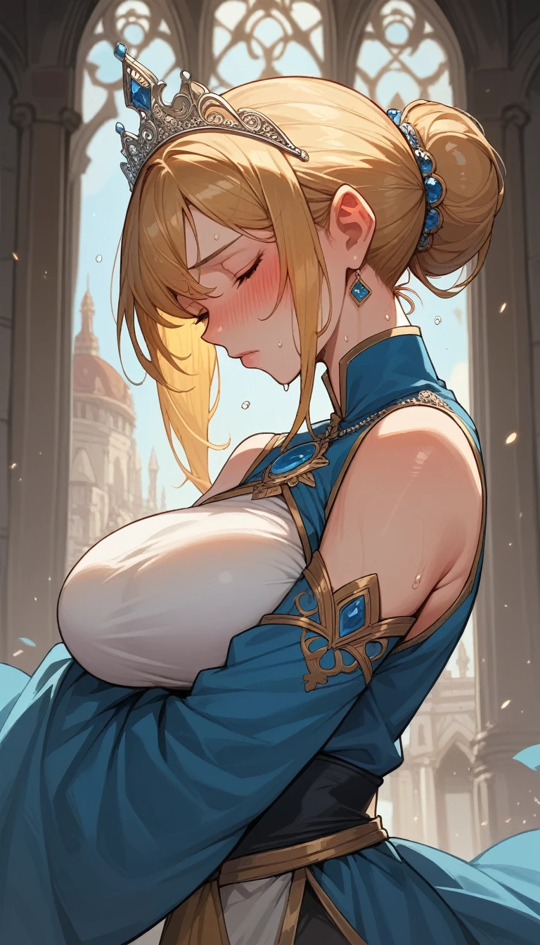  Score_9, Score_8_up, Score_7_up, Score_6_up, Score_5_up, Score_4_up, Source_anime, Tag1, Tag2, GBOSER, woman with blonde hair, hair bun, tiara, closed eyes, blush, full blush, anatomically correct, masterpiece, big breast, big butt, blue long dress, sweat, heavy breathing, in palace, BREAK POV (Incoming hug, incoming kiss), Pov