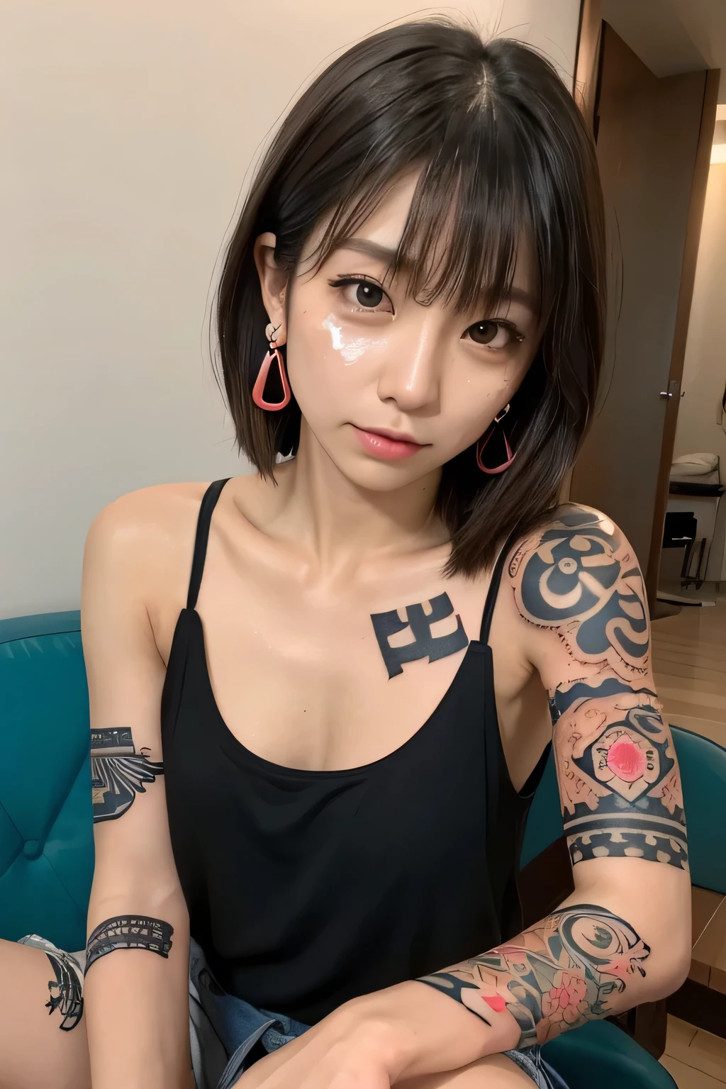 (lifelike, high resolution:1.3), 1 girl with a perfect figure, The face shape and eyes are super beautiful,Random Hairstyle,Random decoration,Random tattoos, Random color vest:1.2,Random style shorts:1.2, Big boobs,Showing cleavage
