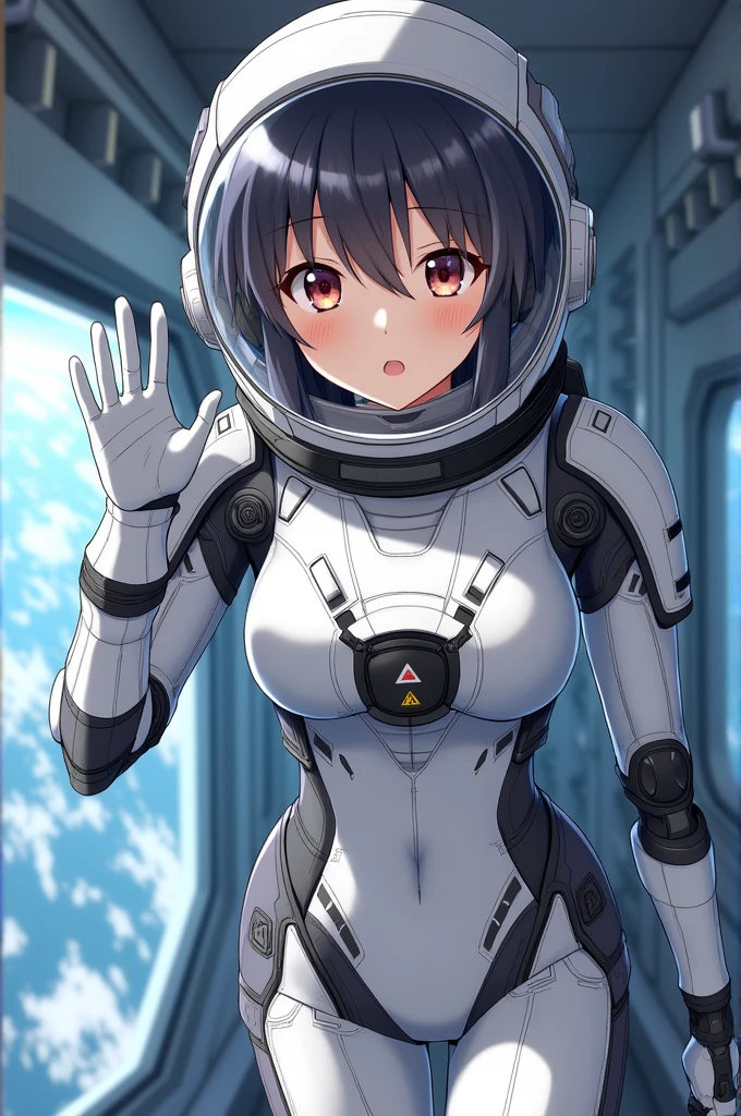 1girl, solo, breasts, looking at viewer, blush, smile, short hair, bangs, large breasts, brown hair, long sleeves, brown eyes, :d, bodysuit, bob cut, space, white bodysuit, planet, earth \(planet\), spacesuit BREAK inside futuristic spacestation,