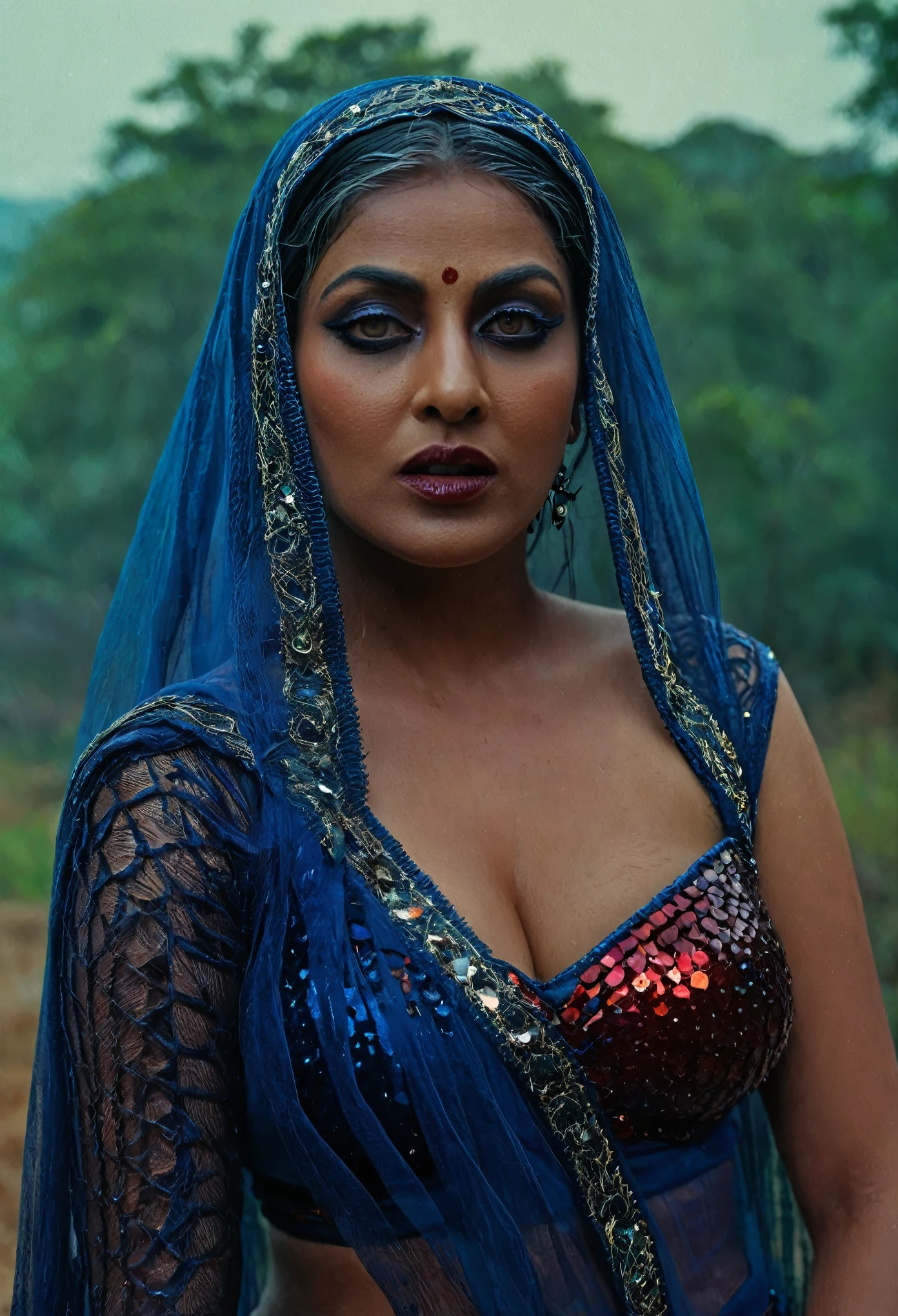 Looks like Aindrita Ray, full body Closeup shot, Big chubby aunty, milf, cougar lady witch, busty huge breast, horny Gothic milf, 70 years old gorgeous mature lady, pervert demoness, demoness of lust, curvy, black lips, horny face, extremely gorgeous, thick figure, heavy physique, voluptuous, curvy, sexy figure, Fashionable portrait of androgynous alien looking witch wearing veil, glowing eyes, futuristic design, minimal details, givenchy, photoreal, 200mm, hd, f/ 2.0, highly detailed, surreal, sexy beautiful evil woman, sexy bold sequin Saree with strapless Bra, chudail, Pishachini, horror genre, blood-thirsty enchantress, powerful female spirit, eerie, drop dead, in the style of red and blue, (intricate details, hyperdetailed:1.15) (skin texture:1.2), dark Moody tone, cinematic lighting, haunted place in background, photorealistic,photo,realism, Getty Images, RAW candid cinema, 16mm, colour graded portra 400 film, remarkable colour, ultra realistic, textured skin, remarkable detailed pupils, realistic dull skin noise, visible skin detail, skin fuzz, dry skin, visible skin details and pores