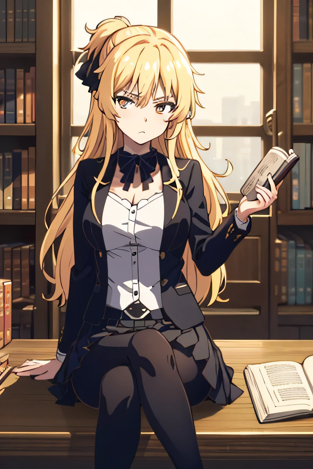 1girl, solo, (long hair), medium breasts, white_shirt, pleated skirt, long sleeves, brooch, waistcoat, black leggings, (open jacket), shoulder cutout, hair ribbon, Cross your legs, looking at viewer, (jitome), indoors, bookshelf, bookcase, counter, (french window), pendant lamp, open book, bestquality, [Artist miwano rag], [Artist toosaka asagi], [Artist wlop], [Artist chen bin], [iumu], omochi_monaka, ultra detailed, hdr, (colorful), Amazing, intricate detail, best illumination, best shadow, window, blood on clothes, illustration, masterpiece, masterpiece, masterpiece, best quality, highres