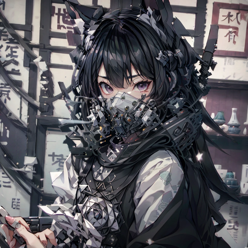 (YukiShido), (masterpiece, top quality, best quality, official art, beautiful and aesthetic:1.3, photorealistic:1.4, photo, raw), 1girl solo, techpunkmask, fox ears, cat ears, (gray eyes), beautiful long hair, (wearing black oni mask with sharp fangs), dataviz style , polygons, wireframes, datapoints, purple tones, cyan tones, camellia flower, fractals, Fibonacci sequence . 3D, paper folding, paper cutting, Japanese, intricate, precision, clean lines, uper body