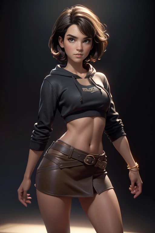 young woman, short brown hair,  brown eyes, blue tube top , Black miniskirt,  knee-length brown boots , gray hoodie sweatshirt, magnificent anatomy ,  Dynamic Pose , face to the camera,  masterpiece , super detail,  lyrics,  composition epic character,  natural lighting ,  sharp focus,  ultra resolution ,  plain white background , without patterns, No textures. 