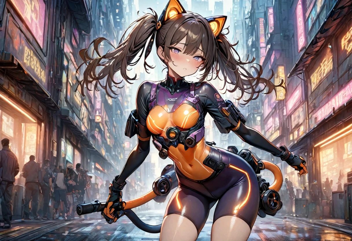 (masterpiece, best quality, ultra detailed, high resolution, detailed facial description), (1 girl:1.3), (dark brown hair, twin tails), slanted eyes, A mechanical visor shaped like a cat's face:1.3, (purple cropped body wear, body wear with orange glowing lines), (purple bike shorts, Bike shorts with glowing orange lines), Two tails made of machinery are attached to its back:1.2, inline skates, cyberpunk