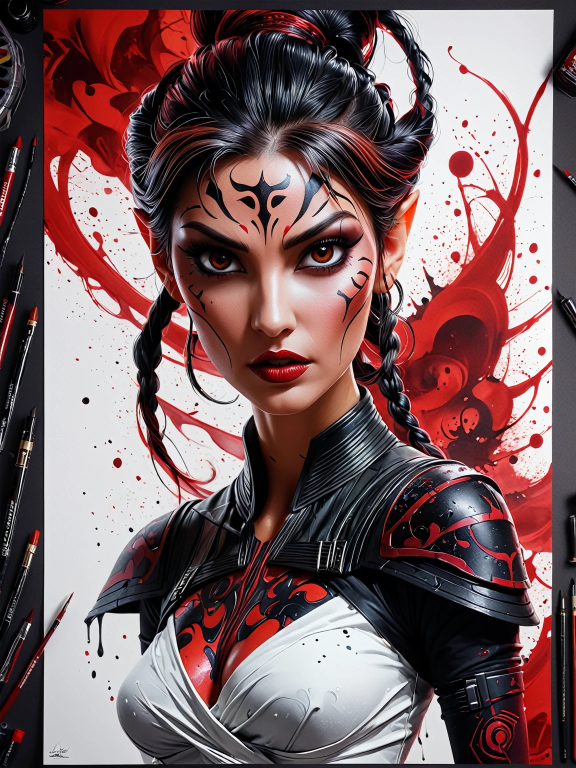 Vektor Create an exquisite ink painting on white paper that is the perfect multi-exposure work of art. This piece was intended to combine the volume-shaded of Darth Talon. Hyper realistic .Tattoo style, paint splash, colors in white, black and red, illustration, painting, photo, poster, dark fantasy epic action, Unreal Engine, cinematic award winning artwork, many details, extreme detailed, full of details,Wide range of colors., dramatic, Dynamic,Cinematic,Sharp details, Insane quality. Insane resolution. Insane details. Masterpiece. 32k resolution. casting shadow style, cucoloris patterned illumination,  dvr-lnds-sdxl, ral-dissolve, ral-ertmsphr, ral-porcelain, ral-pxlprtcl, Niji, aidma-niji