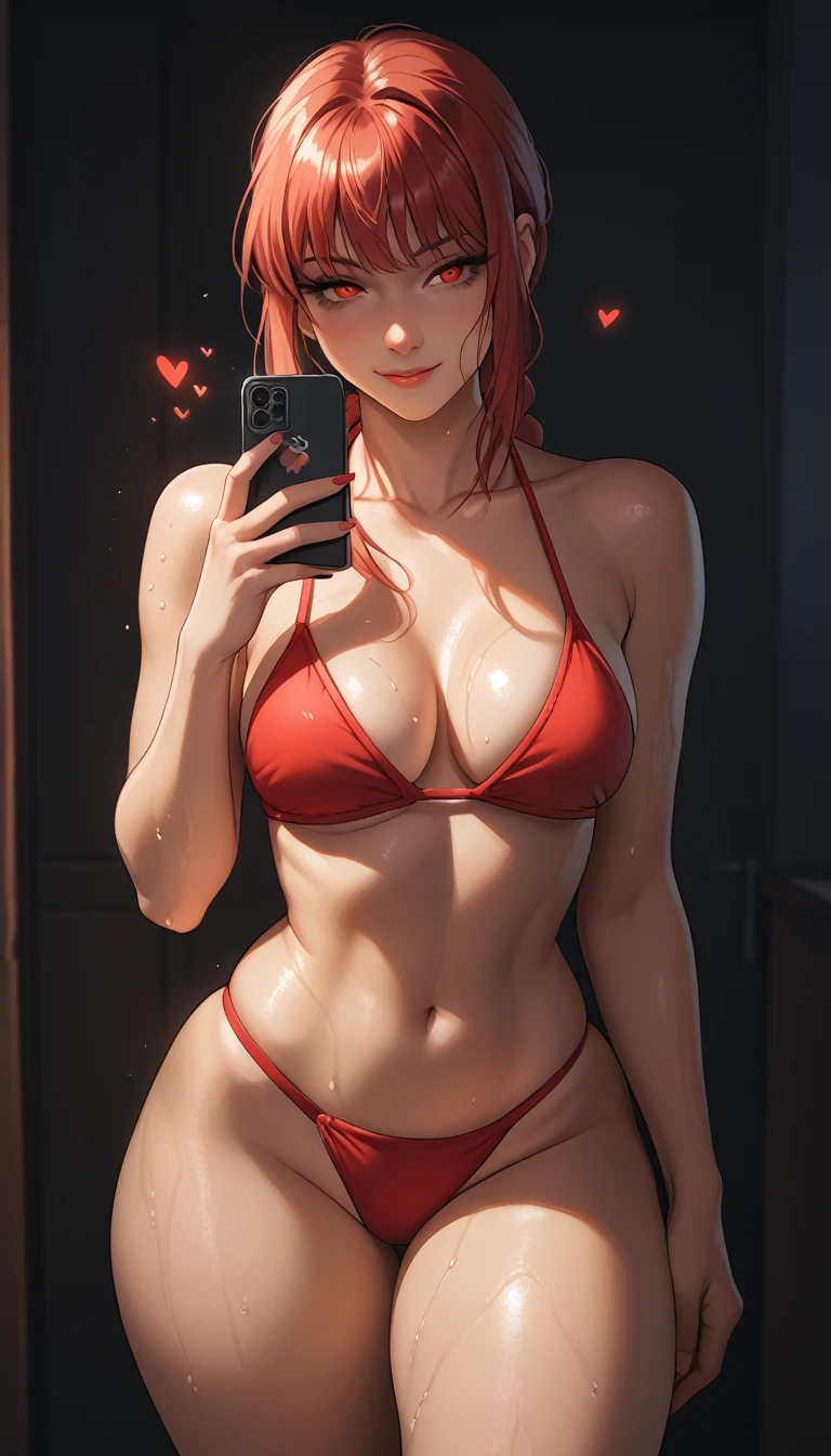 
Makima wearing a small red bikini, thick thighs  expostas, gloves,wet, Selfie,  half-closed eyes, red eyes, , smiling,  background of the room,dark background,  high definition, thick legs , perfect anatomy,Clean face, beautiful body , thick thighs . perfect ratio ,  high definition. lighting effects