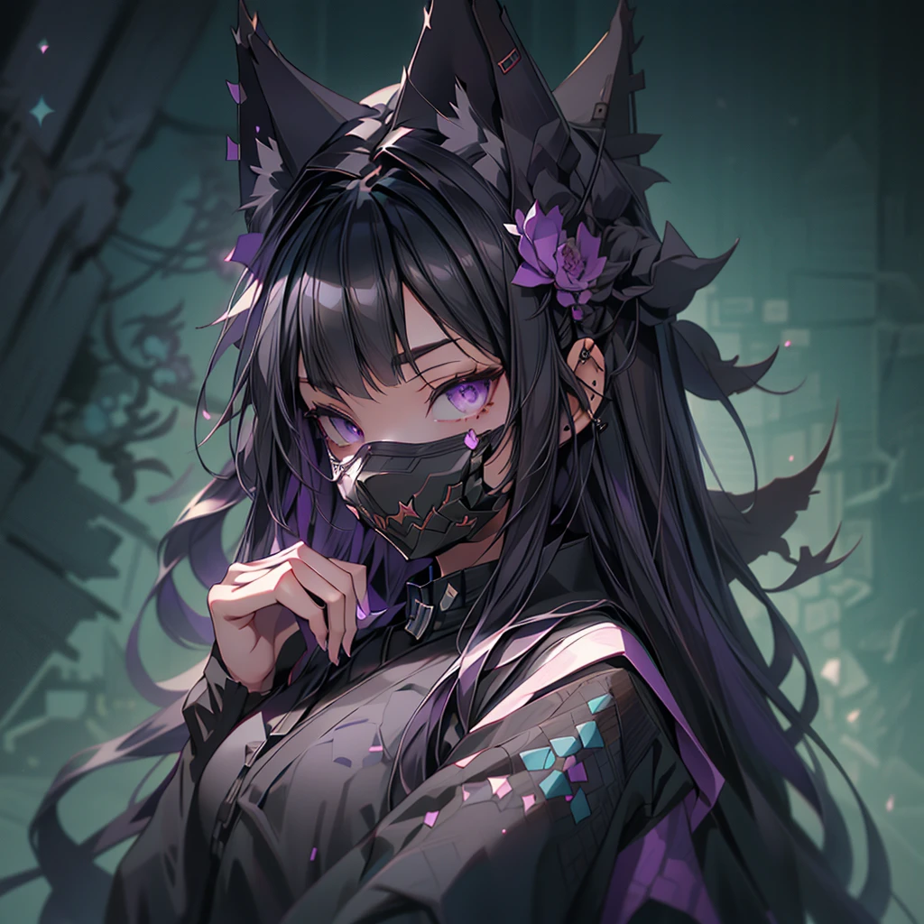 (YukiShido), (masterpiece, top quality, best quality, official art, beautiful and aesthetic:1.3, photorealistic:1.4, photo, raw), 1girl solo, fox ears, cat ears, (gray eyes), beautiful long hair, (wearing black oni mask with sharp fangs), dataviz style , polygons, wireframes, datapoints, purple tones, cyan tones, camellia flower, fractals, Fibonacci sequence . 3D, paper folding, paper cutting, Japanese, intricate, precision, clean lines, uper body