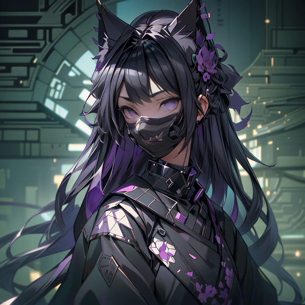 (YukiShido), (masterpiece, top quality, best quality, official art, beautiful and aesthetic:1.3, photorealistic:1.4, photo, raw), 1girl solo, fox ears, cat ears, (gray eyes), beautiful long hair, (wearing black oni mask with sharp fangs), dataviz style , polygons, wireframes, datapoints, purple tones, cyan tones, camellia flower, fractals, Fibonacci sequence . 3D, paper folding, paper cutting, Japanese, intricate, precision, clean lines, uper body