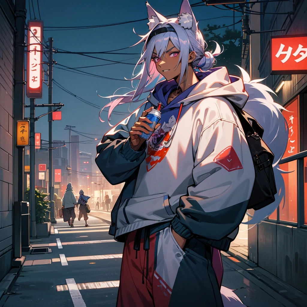 1male, young adult, dark skin, finely detailed plum eyes, messy top bun, wild long hair, grey hair color with blue highlights, designer hoodie, baggy pants, standing on street, night time, tokyo streets, excited expression, muscular, tattoos, holding soda In hand, wolf ears, wolf tail, baseball cap