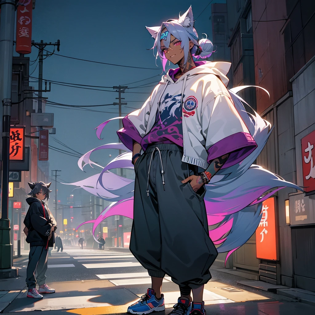 1male, young adult, dark skin, finely detailed plum eyes, messy top bun, wild long hair, grey hair color with blue highlights, designer hoodie, baggy pants, standing on street, night time, tokyo streets, excited expression, muscular, tattoos, holding soda In hand, wolf ears, wolf tail, backwards baseball cap