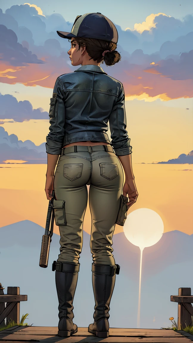 ((masterpiece, best quality)),(complex lighting) ,solo,(((1girl))) ,clementine, light skin,light-skinned female, baseball cap, green cargo pants, brown eyes, tight pants, shirt, short hair, one short ponytail, open denim jacket, huge butt, thicc butt , (((8k))), (((upper body))), (((bent over))), (((looking at the viewer))), (((butt visible))), cameltoe