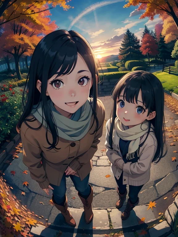 masterpiece， Best Quality ， High image quality ，( super flat  ,  flat shading )，  Fisheye Lens ， beautiful young mother and cute daughter，  warm scarf， (naked)，Long Hair，  boots, smile, smile，White Breath，fun, play，White Breath，Autumn park garden，  fall leaves for vaginal discharge，Autumn sky，At dusk，Beautiful sunset，Wide angle，  bright color，watercolor, Ghibli style，Strong winds，少女のlure， girl&#39;lure，