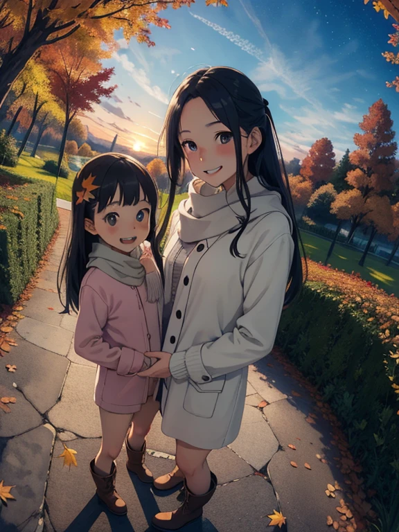 masterpiece， Best Quality ， High image quality ，( super flat  ,  flat shading )，  Fisheye Lens ， beautiful young mother and cute daughter，  warm scarf， (naked)，Long Hair，  boots, smile, smile，White Breath，fun, play，White Breath，Autumn park garden，  fall leaves for vaginal discharge，Autumn sky，At dusk，Beautiful sunset，Wide angle，  bright color，watercolor, Ghibli style，Strong winds，少女のlure， girl&#39;lure，