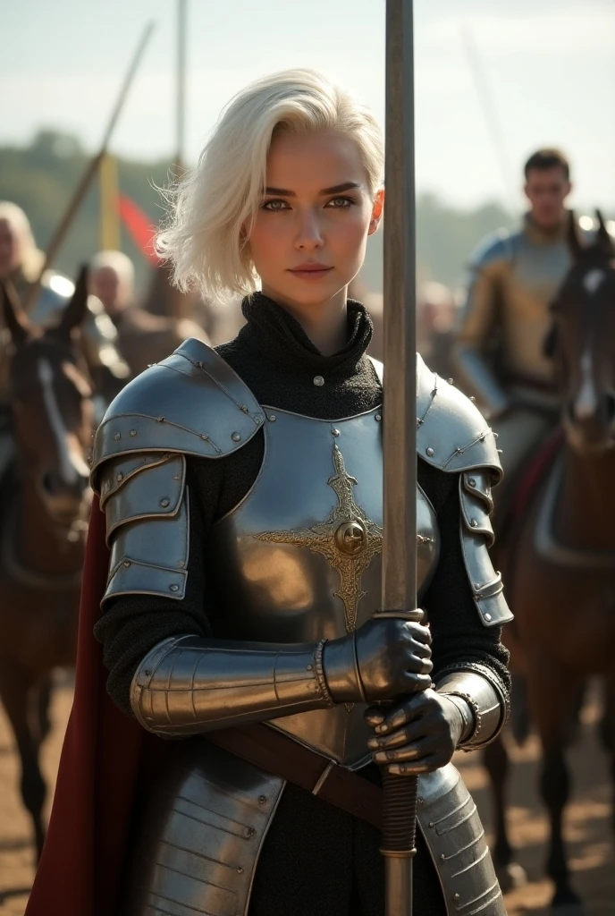 1 girl, Middle Earth Paladin ,Wearing armor ,Magic sword and powerful shield, Detail armor, Rusty armor, chain armor, Queen's Crown, Fight goblins to protect innocent villagers, witch, short, thin, square face, olive skin, platinum blonde, golden eyes, short Nose, thin Lips, round chin, Shoulder length hair, curls, blunt bangs, soft breasts, hug earrings, lavender satin lipstick, volcanic wasteland, River of fire flows into molten sea, (close up:1), (look at the audience),8k, (best quality:1.2), (masterpiece:1.37), (photo, photorealistic:1.37), (ultra high resolution), photographed by Canan EOS R6, 135mm, 1/1/2.8, ISO 400