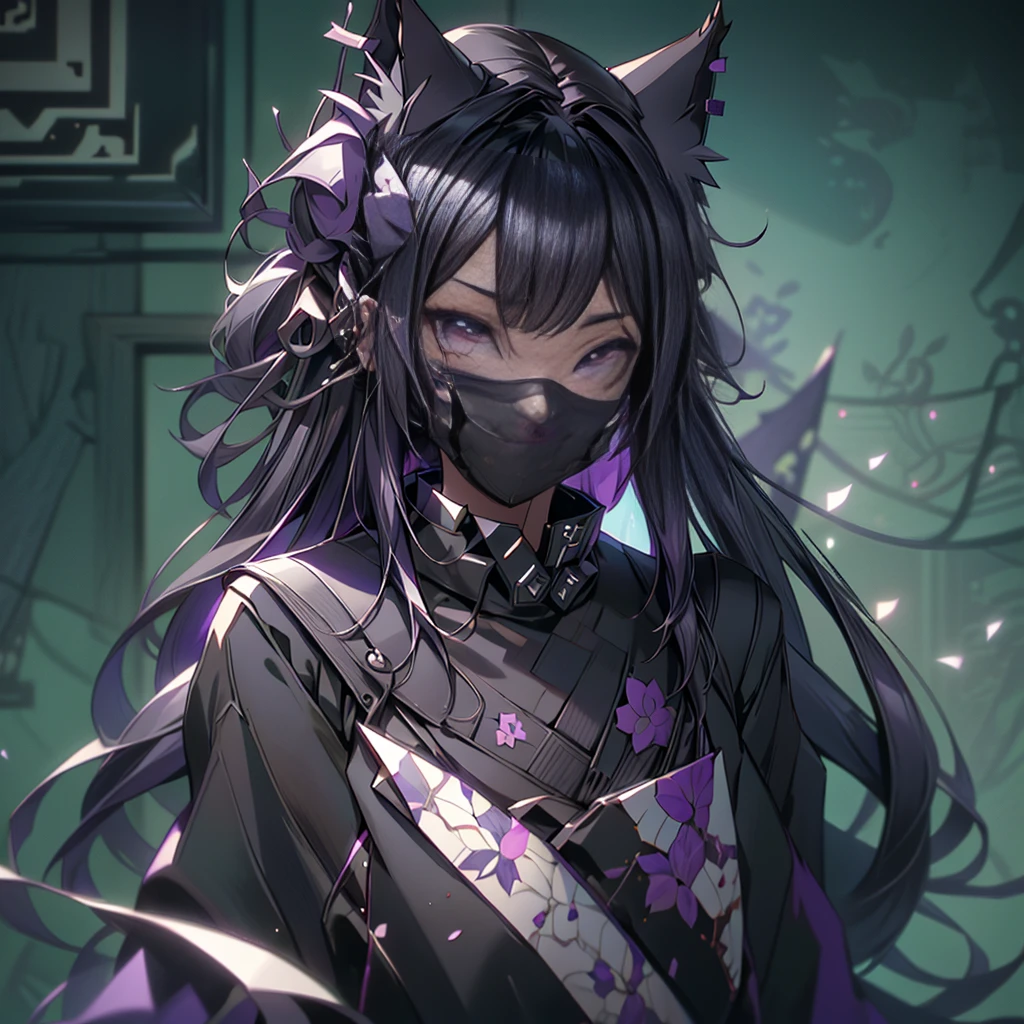 (YukiShido), (masterpiece, top quality, best quality, official art, beautiful and aesthetic:1.3, photorealistic:1.4, photo, raw), 1girl solo, fox ears, cat ears, (gray eyes), beautiful long hair, (wearing black oni mask with sharp fangs), dataviz style , polygons, wireframes, datapoints, purple tones, cyan tones, camellia flower, fractals, Fibonacci sequence . 3D, paper folding, paper cutting, Japanese, intricate, precision, clean lines, uper body