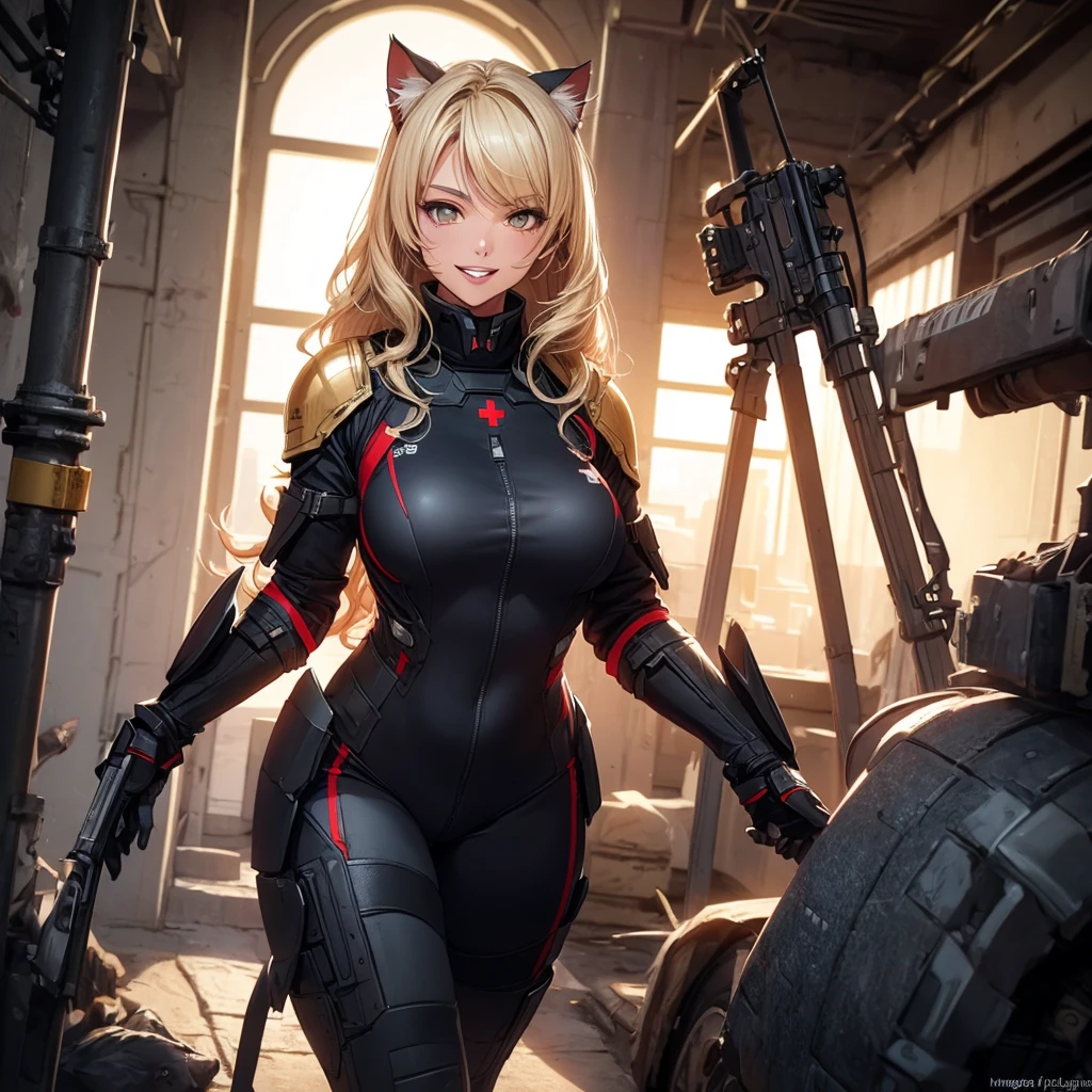 (masterpiece:1.3), (8k, Realistic, RAW Photos, highest quality: 1.4), (High definition), Realistic eyes, Beautiful fine details, (Realistic Skin), Beautiful Skin, Absurd, Charm, Ultra-high resolution, Ultra-realistic, Very detailed, Golden Ratio, (Two blonde women with cat ears), (Crouching), ((Smile)), tall, 2 Blonde cat ears, 2. Long Hair, 2. Volumetric hair style, Large Breasts, Narrow waist, Big Ass, glamorous, Alluring, protector, Armor, combat suit, Combat Boots, Armament, Cinematic, Best Shadow, Side lighting, ((Large war vehicle)), NEO TOKYO, cowboy shot, (Close-up of face)