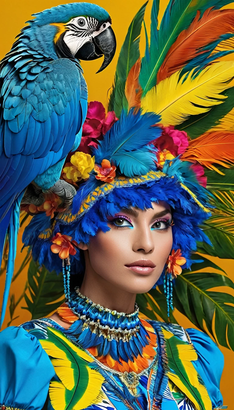 breathtaking vibrant award-winning photograph, Photograph an extraordinary creature, a graceful fusion of woman and bird, adorned with a beak and stunning, shimmering multicolored feathers. Showcase the seamless integration of these elements in an enchanting and realistic composition, revealing intricate details that mesmerize viewers with its captivating charm professional cinematic photograph.