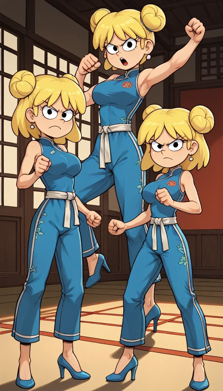 lori loud, 3girl, trio, 24yo girl, blue cheongsam,  inside of a chinese style temple, large breasts, looking at viewer, blonde hair, short hair, two hair buns , hands  score_9, score_8_up, score_7_up, high heels,teep fighting stance,martial arts, long pants, triplets