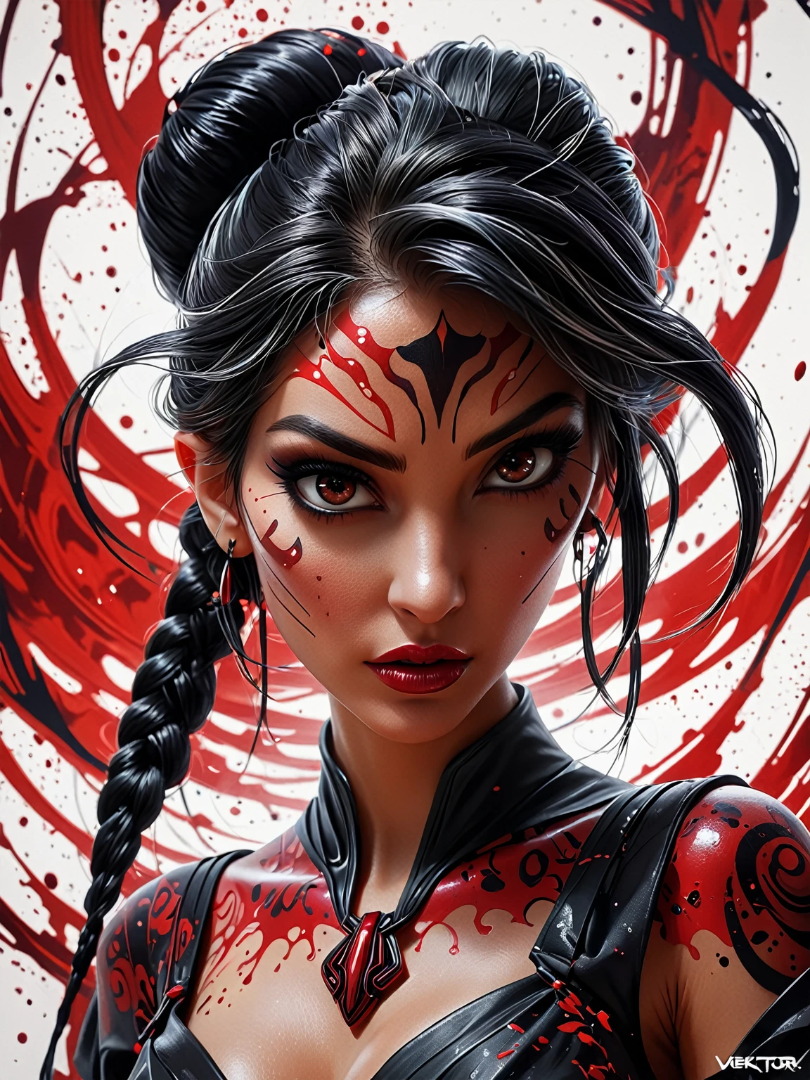 Vektor Create an exquisite ink painting on white paper that is the perfect multi-exposure work of art. This piece was intended to combine the volume-shaded of Darth Talon a red female. Hyper realistic .Tattoo style, paint splash, colors in white, black, and red, illustration, painting, photo, poster, dark fantasy epic action, Unreal Engine, cinematic award winning artwork, many details, extreme detailed, full of details,Wide range of colors., dramatic, Dynamic,Cinematic,Sharp details, Insane quality. Insane resolution. Insane details. Masterpiece. 32k resolution. casting shadow style, cucoloris patterned illumination,  dvr-lnds-sdxl, ral-dissolve, ral-ertmsphr, ral-porcelain, ral-pxlprtcl, Niji, aidma-niji