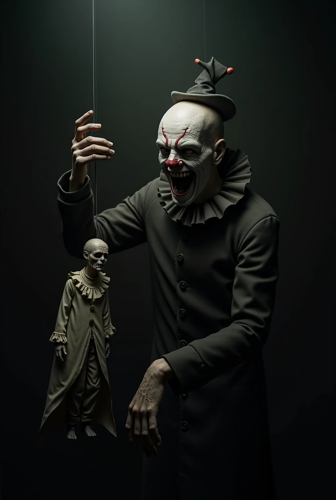 a horrifying frankestein marionette, hyper realistic, detailed face and body, eerie unnatural movements, haunting soulless eyes, ominous dark shadows, moody dramatic lighting, gothic horror atmosphere, dramatic composition, muted color palette, cinematic, award winning digital art