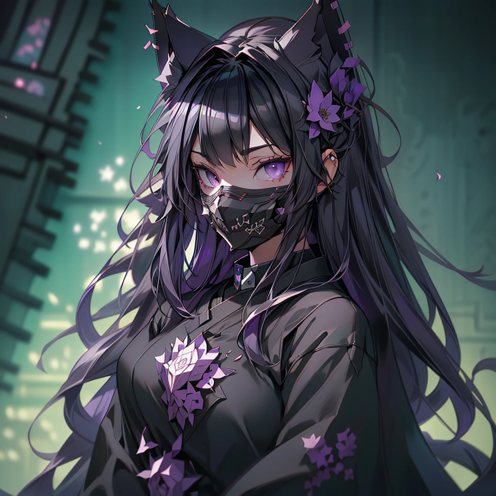 (YukiShido), (masterpiece, top quality, best quality, official art, beautiful and aesthetic:1.3, photorealistic:1.4, photo, raw), 1girl solo, fox ears, cat ears, (gray eyes), beautiful long hair, (wearing black oni mask with sharp fangs), dataviz style , polygons, wireframes, datapoints, purple tones, cyan tones, camellia flower, fractals, Fibonacci sequence . 3D, paper folding, paper cutting, Japanese, intricate, precision, clean lines, uper body