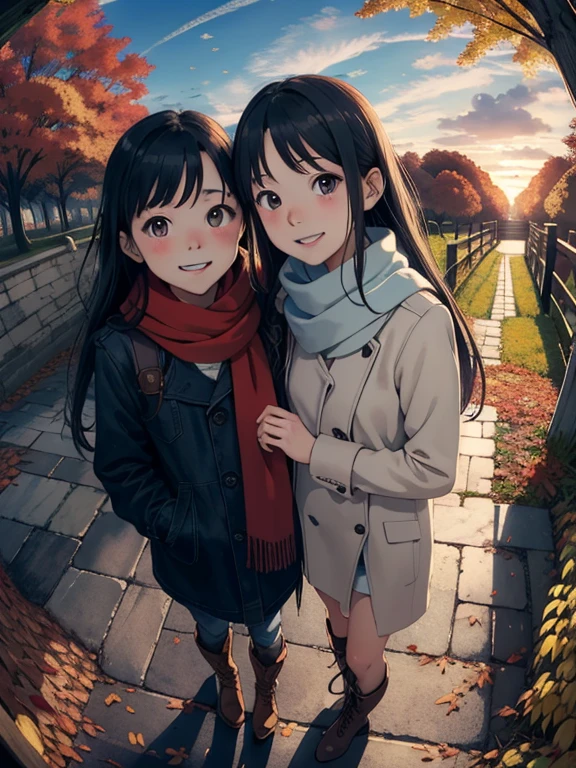 masterpiece， Best Quality ， High image quality ，( super flat  ,  flat shading )，  Fisheye Lens ， beautiful young mother and cute daughter，  warm scarf， (naked)，Long Hair，  boots, smile, smile，White Breath，fun, play，White Breath，Autumn park garden，  fall leaves for vaginal discharge，Autumn sky，At dusk，Beautiful sunset，Wide angle，  bright color，watercolor, Ghibli style，Strong winds，少女のlure， girl&#39;lure，