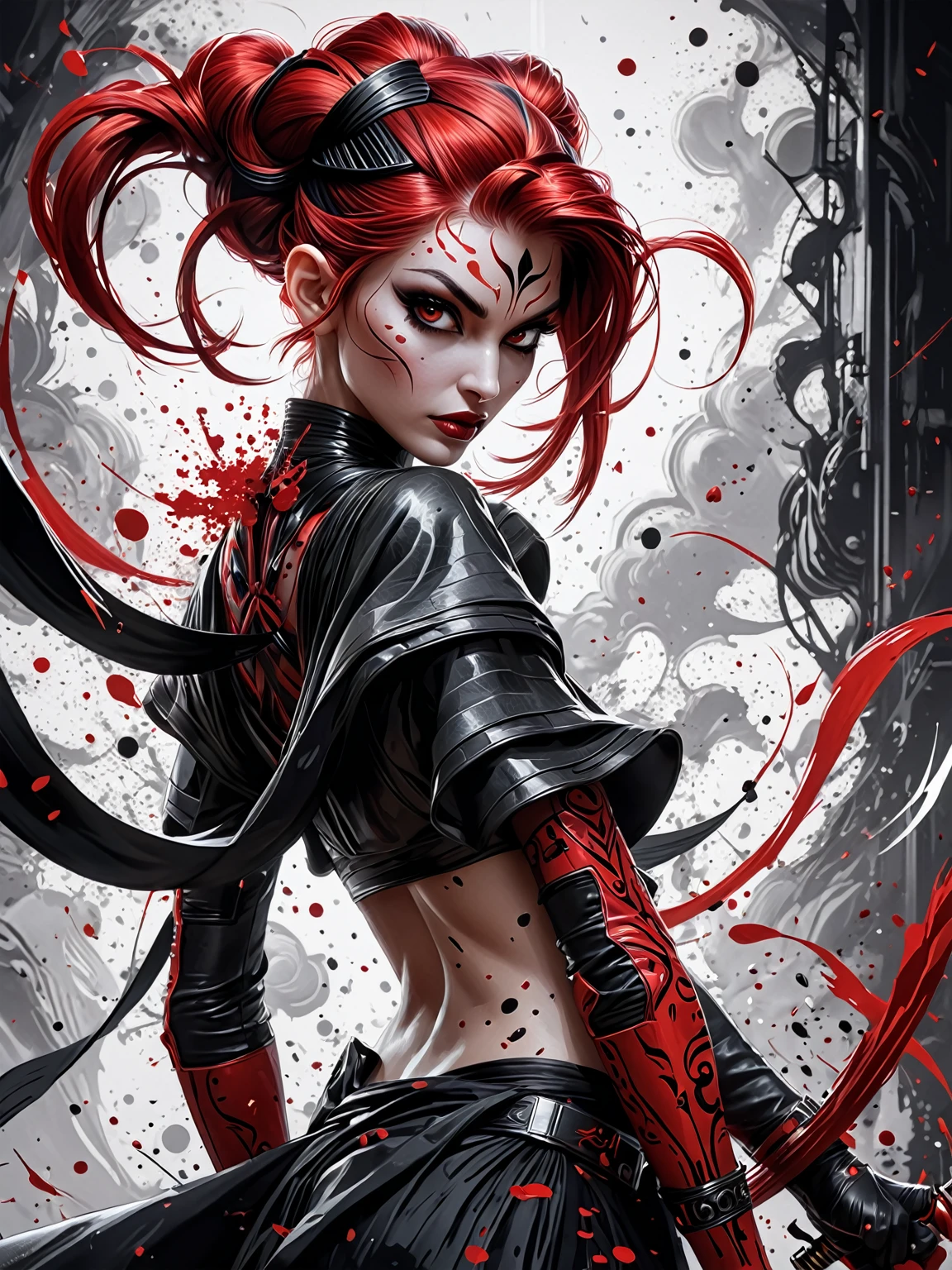 Vektor Create an exquisite ink painting on white paper that is the perfect multi-exposure work of art. This piece was intended to combine the volume-shaded of Darth Talon with red hair. Hyper realistic .Tattoo style, paint splash, colors in white, black, and red, illustration, painting, photo, poster, dark fantasy epic action, Unreal Engine, cinematic award winning artwork, many details, extreme detailed, full of details,Wide range of colors., dramatic, Dynamic,Cinematic,Sharp details, Insane quality. Insane resolution. Insane details. Masterpiece. 32k resolution. casting shadow style, cucoloris patterned illumination,  dvr-lnds-sdxl, ral-dissolve, ral-ertmsphr, ral-porcelain, ral-pxlprtcl, Niji, aidma-niji