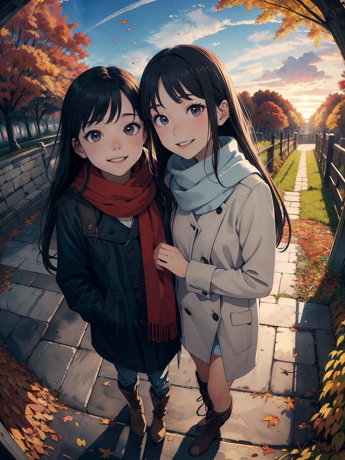 masterpiece， Best Quality ， High image quality ，( super flat  ,  flat shading )，  Fisheye Lens ， beautiful young mother and cute daughter，  warm scarf， (naked)，Long Hair，  boots, smile, smile，White Breath，fun, play，White Breath，Autumn park garden，  fall leaves for vaginal discharge，Autumn sky，At dusk，Beautiful sunset，Wide angle，  bright color，watercolor, Ghibli style，Strong winds，少女のlure， girl&#39;lure，