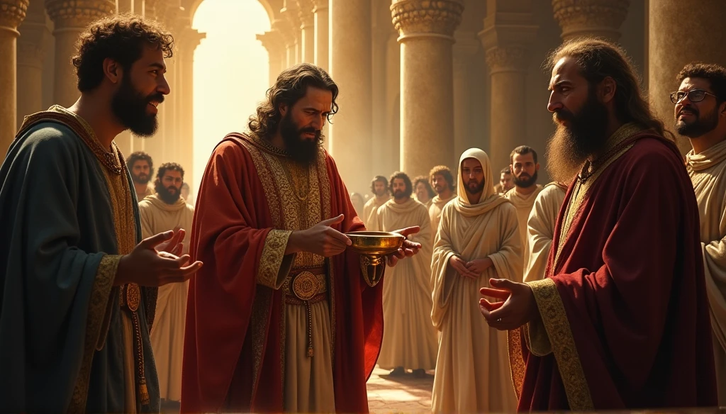 A dramatic scene of the condemnation of Jesus, with Pilate washing his hands, Em primeiro plano, as the crowd cries out behind him. The atmosphere is gloomy, with intense shadows and dramatic lighting.