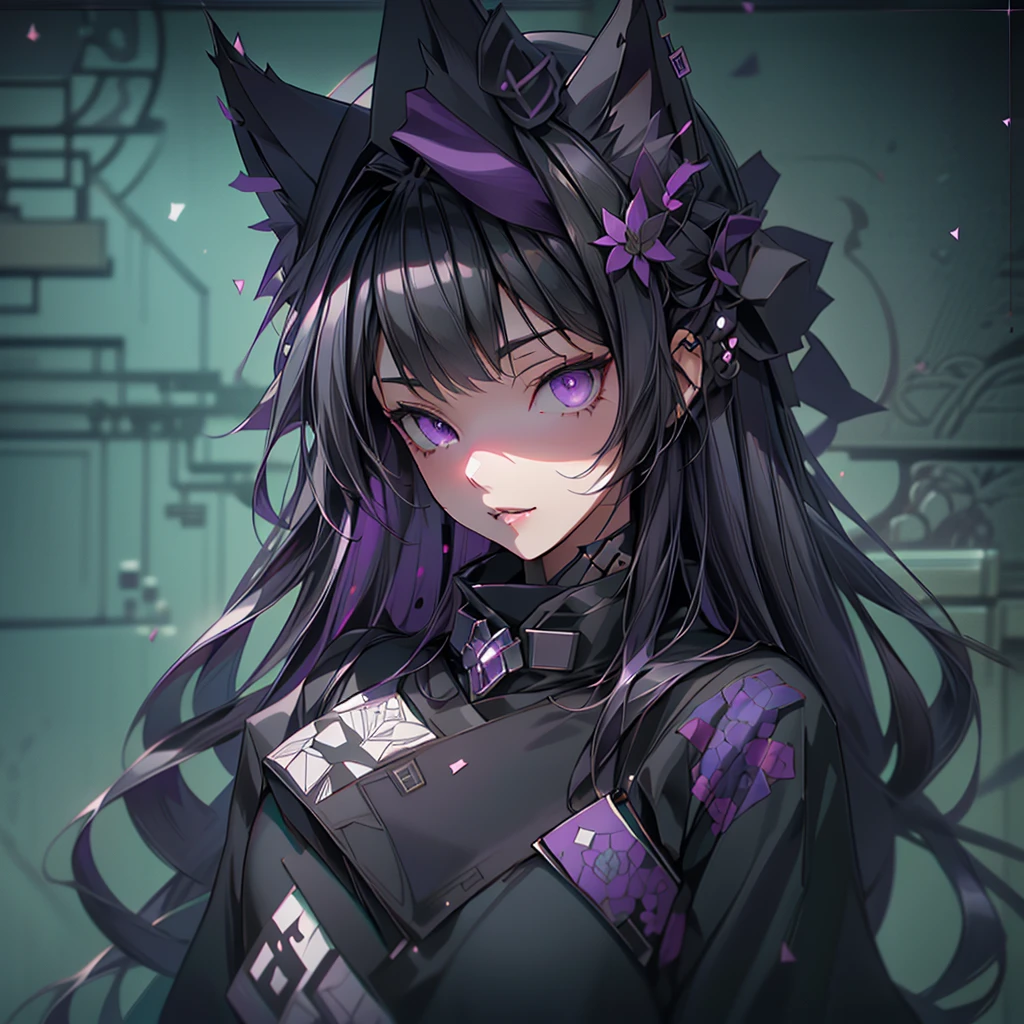 (YukiShido), (masterpiece, top quality, best quality, official art, beautiful and aesthetic:1.3, photorealistic:1.4, photo, raw), 1girl solo, fox ears, cat ears, (gray eyes), beautiful long hair, (wearing black oni mask with sharp fangs), dataviz style , polygons, wireframes, datapoints, purple tones, cyan tones, camellia flower, fractals, Fibonacci sequence . 3D, paper folding, paper cutting, Japanese, intricate, precision, clean lines, uper body