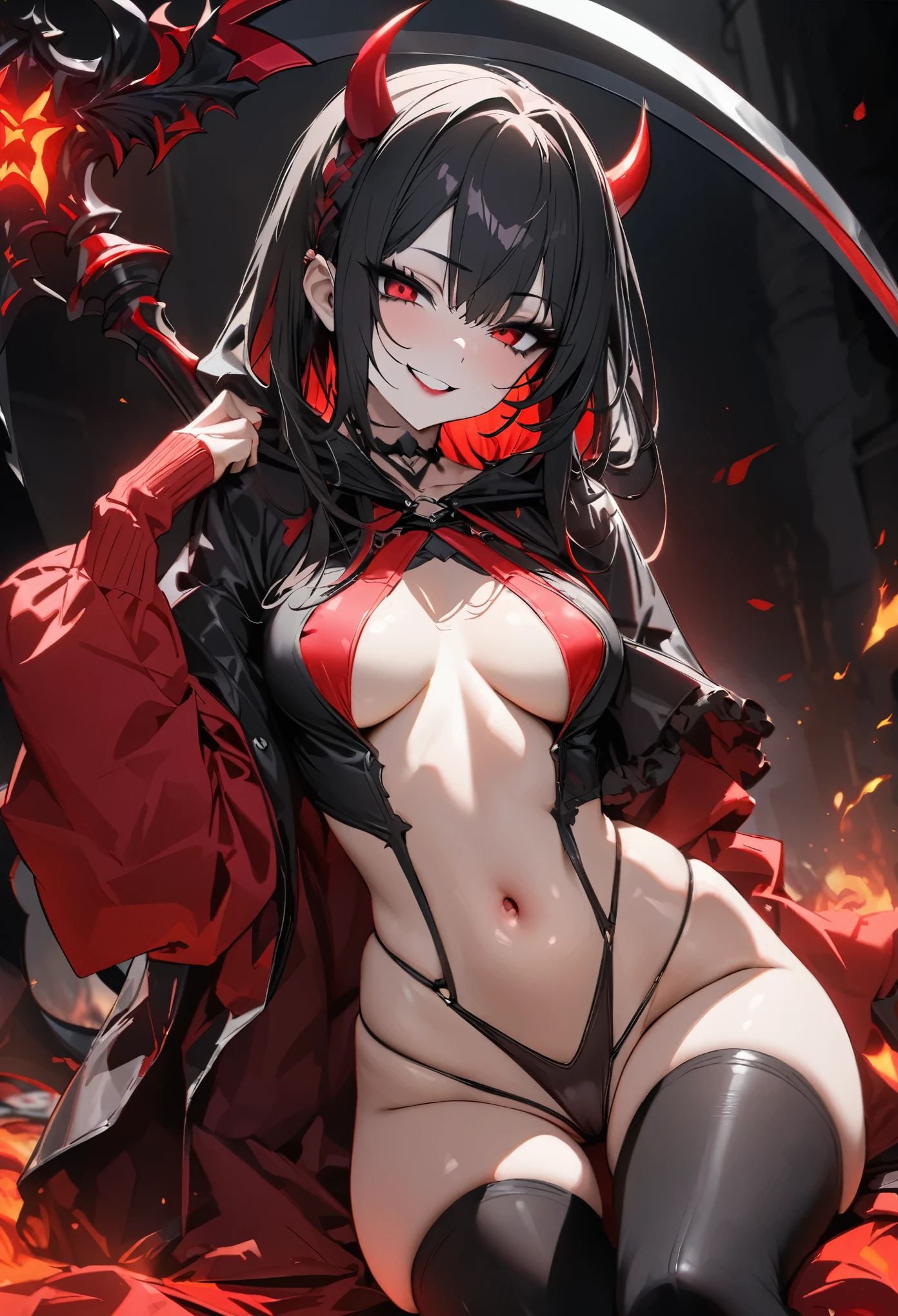 (masterpiece,  best quality:1.2,UHD,High Resolution、Detailed depiction)、A single adult beautiful woman、devil、Beautiful red eyes、Exposing Gothic Lolita Clothes 、 short skirt、(The material of clothing is glossy leather)、Black knee-highs、String panties、The navel is visible、Black Hair、(( inner color is red ))、( Hooded Clothes with Horns)、(Red lipstick)、light black eyeshadow、 long lashes、devilの翼、(( have a black scythe))、((Scythe wears fire))、(crazy sexy smile)、I&#39;m lustful、Embarrassed、Looking down on、 Wind Blows Clothes Fluttering 、 rose petals dance