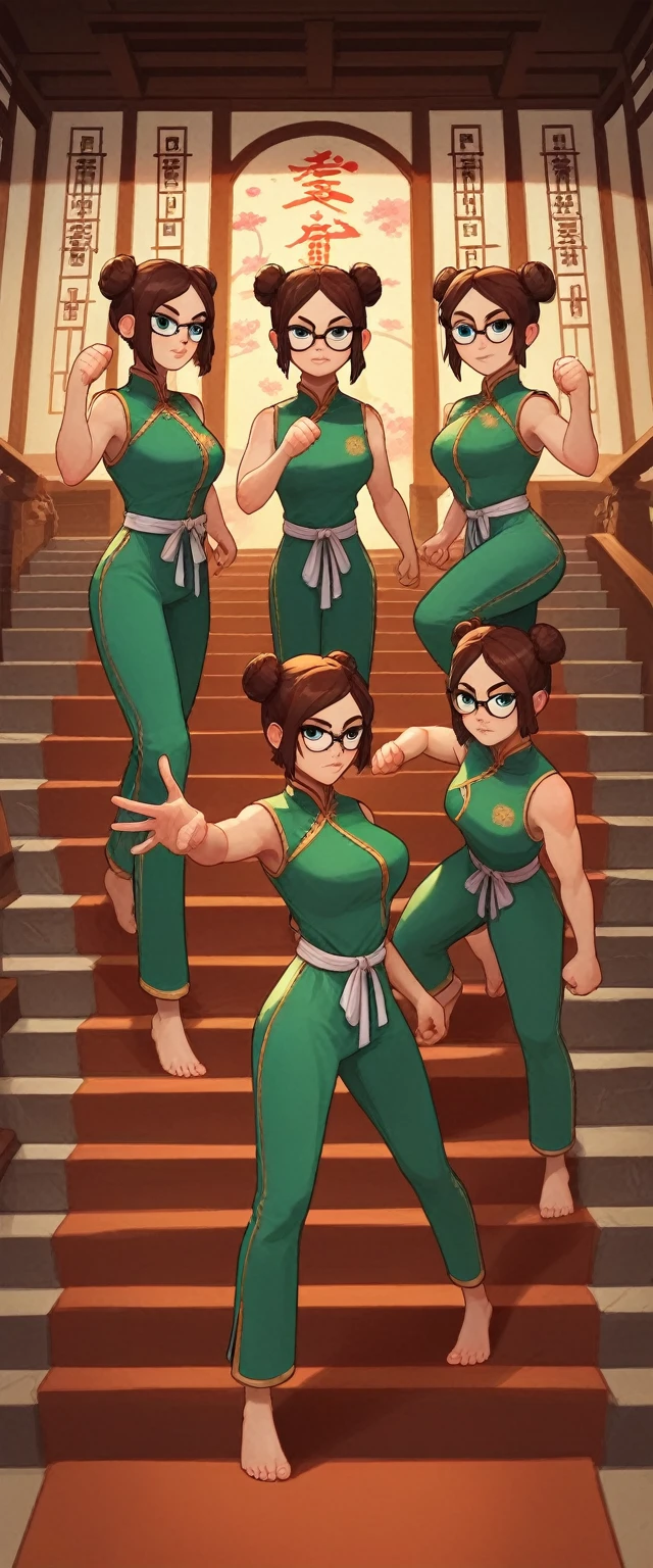 lisaloud, 3girls, trio, 24yo girl, large breasts, green cheongsam,  glasses, two hair buns,  inside of a chinese temple, looking at viewer, brown hair, short, hands  score_9, score_8_up, score_7_up,  teep fighting stance,martial arts, stairs behind her, guarding the stairs, triplet twins, long pants