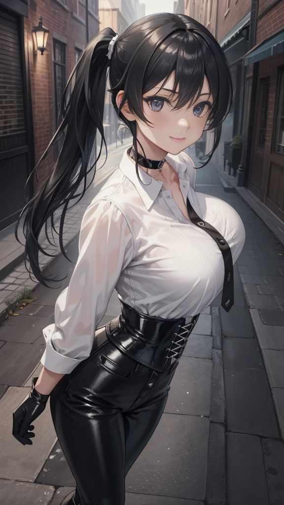  masterpiece ,  Best quality, high resolution, beautiful detailed eyes,  extremely detailed face , Detailed CG, 1 girl; standing,  big breasts shirt,  seen from above ,  tender expression , draw smile,  black hair short ponytail, brown eyes, He wears black headphones , choker:1.6, (( white buttoned shirt )), (black leather corset), ( black gloves), ( shiny black leather pants), Gothic alley ,  city gothic style background, night, fog