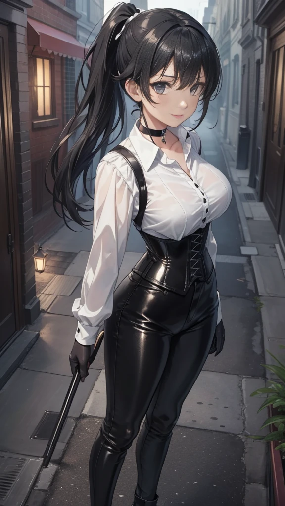  masterpiece ,  Best quality, high resolution, beautiful detailed eyes,  extremely detailed face , Detailed CG, 1 girl; standing,  big breasts shirt,  seen from above ,  tender expression , draw smile,  black hair short ponytail, brown eyes, He wears black headphones , choker:1.6, (( white buttoned shirt )), (black leather corset), ( black gloves), ( shiny black leather pants), Gothic alley ,  city gothic style background, night, fog