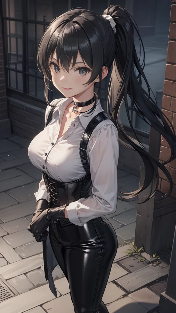  masterpiece ,  Best quality, high resolution, beautiful detailed eyes,  extremely detailed face , Detailed CG, 1 girl; standing,  big breasts shirt,  seen from above ,  tender expression , draw smile,  black hair short ponytail, brown eyes, He wears black headphones , choker:1.6, (( white buttoned shirt )), (black leather corset), ( black gloves), ( shiny black leather pants), Gothic alley ,  city gothic style background, night, fog