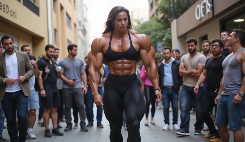 Amina El-Sayed, a 30-year-old Egyptian model, with an imposing height of 1.95 meters and an extremely muscular body, is walking down a busy street in downtown Cairo. She wears a high-end athletic outfit: a fitted shirt that accentuates her muscular chest and arms, along with black leggings that showcase her sculpted legs and powerful thighs. The crowd watches her as she strides with a defiant posture, making it impossible for anyone to ignore her dominant presence. Next to her, a man of average height tries to keep up, but it’s clear he feels small beside her, his gaze fixed on her, admiring the size and strength difference. The height difference between them is striking, with Amina clearly dominating the scene as she continues walking with confidence.
