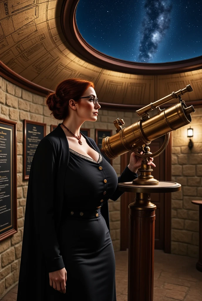 Photorealistic, cinematic style, a picture of a beautiful British woman is operating an ancient telescope in a rustic observatory. A round stonework room with a domed ceiling, ceiling has a hole for observation. On a pedestal a large brass telescope. Walls of the room are covered in astronomical charts and blackboard with calculations. She has black buttoned dress with high neckline, white collar, black cape. She's got brown eyes, downturned eye shape, round eyeglasses , light skin and freckles, reddish-brown hair, hair gathered up to a bun,. perfect hand,HDR, intricate details. Outside is a starry night. 
