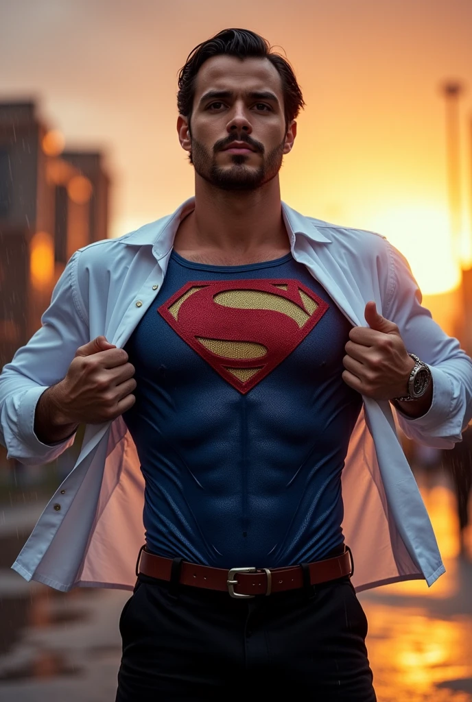 Nicholas Alexander Chavez, attractive, with short beard, muscular, taking off an unbuttoned white shirt, showing the blue Superman suit, his chest displays the iconic "S" symbol of Superman, black dress pants, Social belt. Rainy scene, sunset lighting in the background, dynamic pose