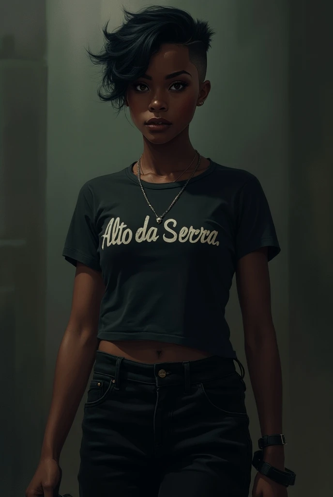 dc comics style 20 year old black woman mysterious expression with styled hair and undercut with black eyes kind of dyke is also very sporty, excellent swimmer wearing a white summer camp t-shirt with Alto da Serra written in dark red gym dc comics style dc comics style