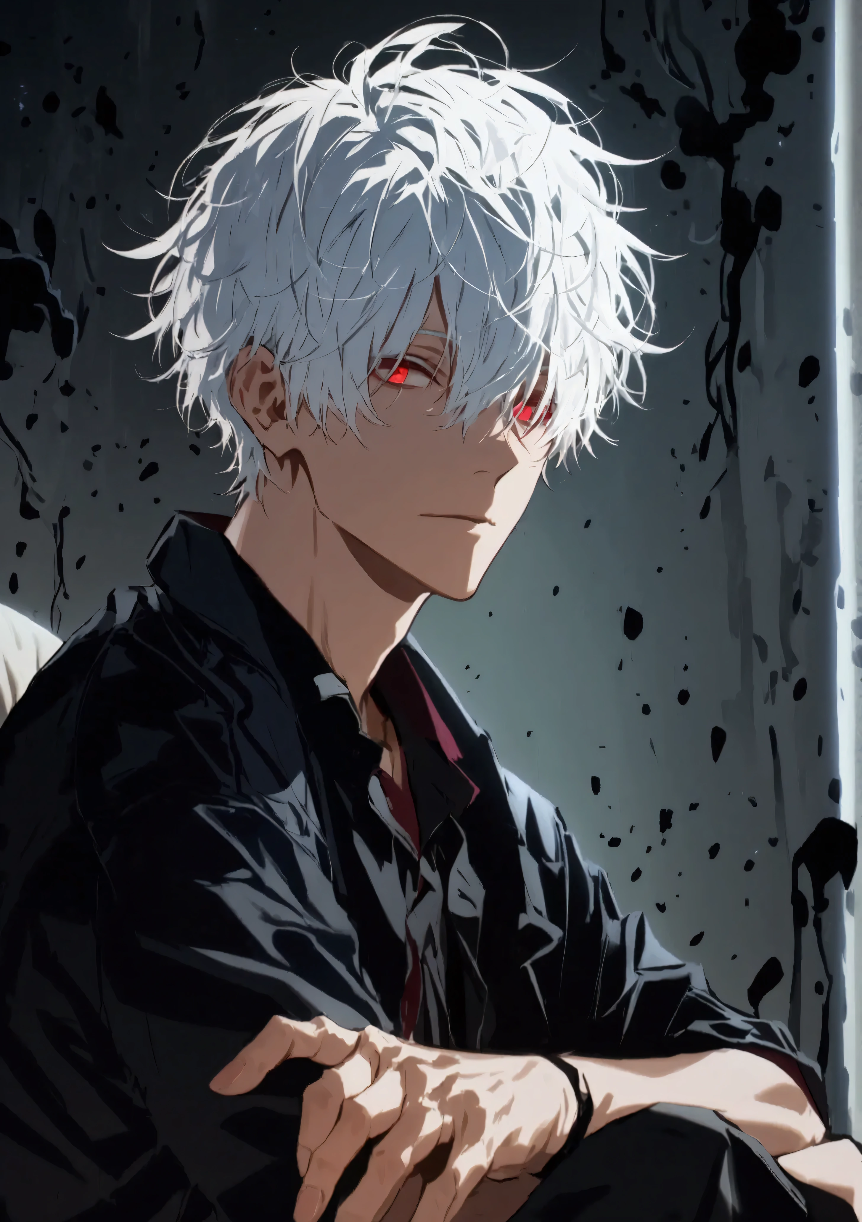 (solo), (1 male), (1 man), (handsome man), (one man with white hair, red eyes), short hair, messy hair, ((masterpiece)), (dark background: 1.3), (stylish), dynamic angle, (detailed face, detailed eyes, proportional hands, proportional anatomy), sitting in a relaxed pose, sinister atmosphere