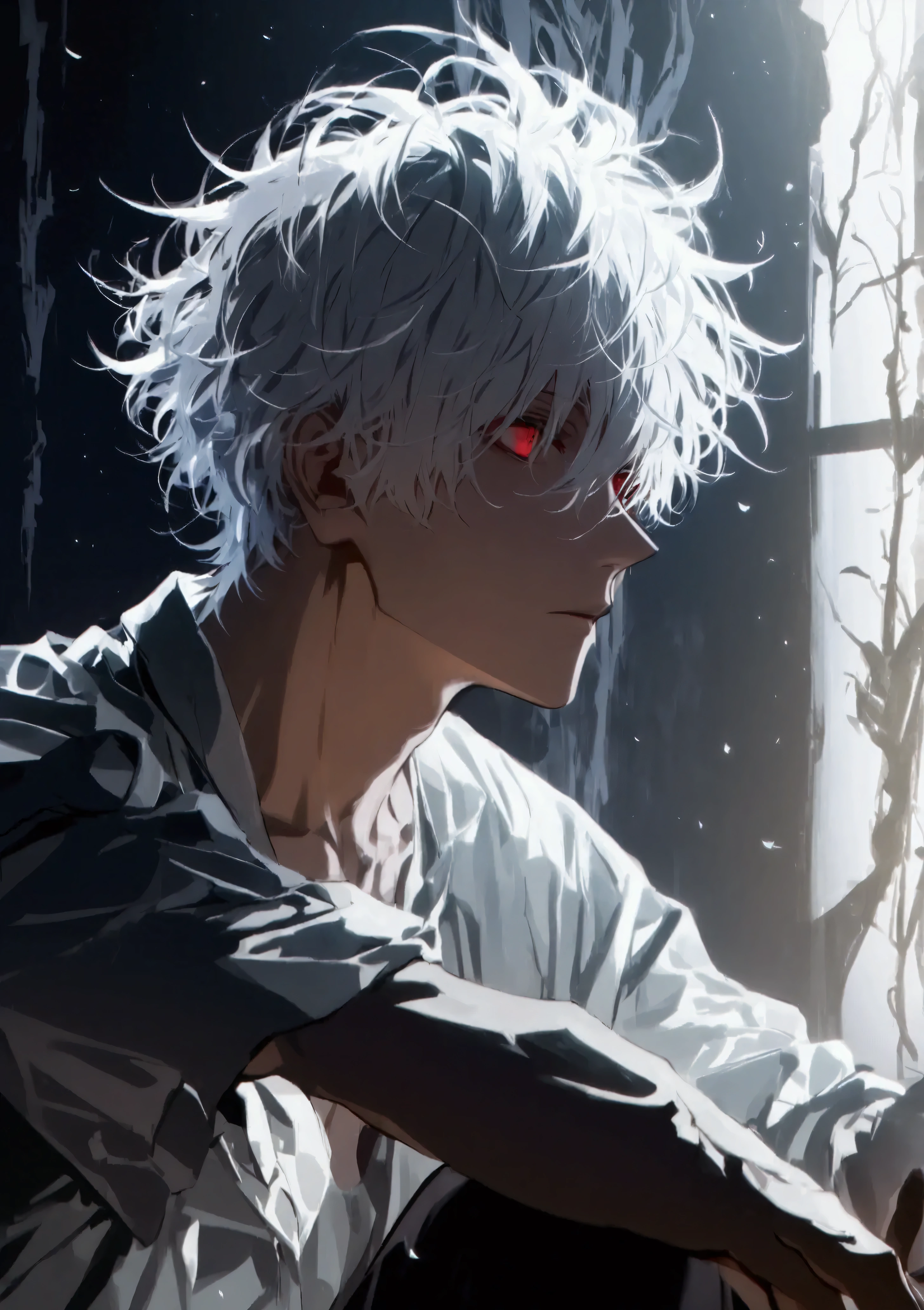(solo), (1 male), (1 man), (handsome man), (one man with white hair, red eyes), short hair, messy hair, ((masterpiece)), (dark background: 1.3), (stylish), dynamic angle, (detailed face, detailed eyes, proportional hands, proportional anatomy), sitting in a relaxed pose, sinister atmosphere