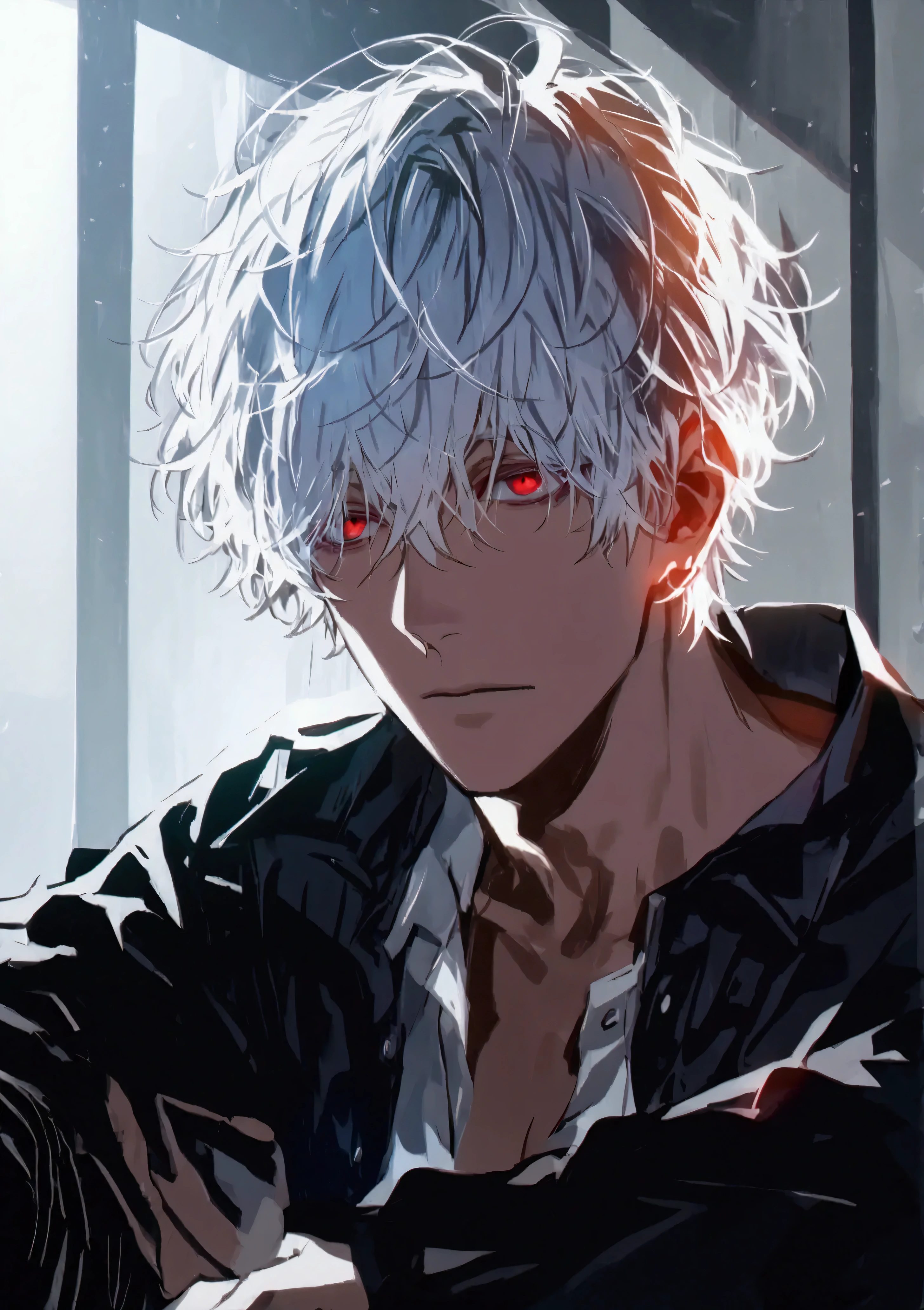 (solo), (1 male), (1 man), (handsome man), (one man with white hair, red eyes), short hair, messy hair, ((masterpiece)), (dark background: 1.3), (stylish), dynamic angle, (detailed face, detailed eyes, proportional hands, proportional anatomy), sitting in a relaxed pose, sinister atmosphere