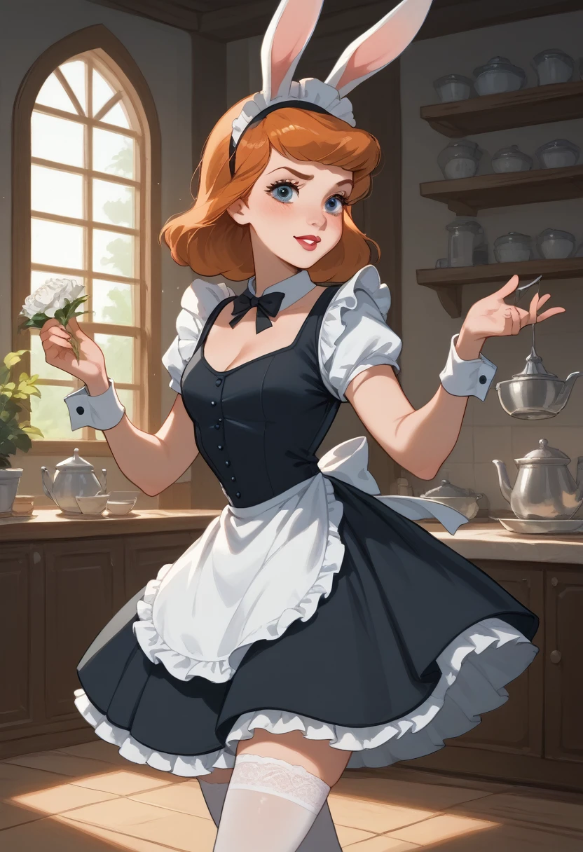 A chinserella disney woman wears a maid outfit, denan bando stockings, and  bunny poses 