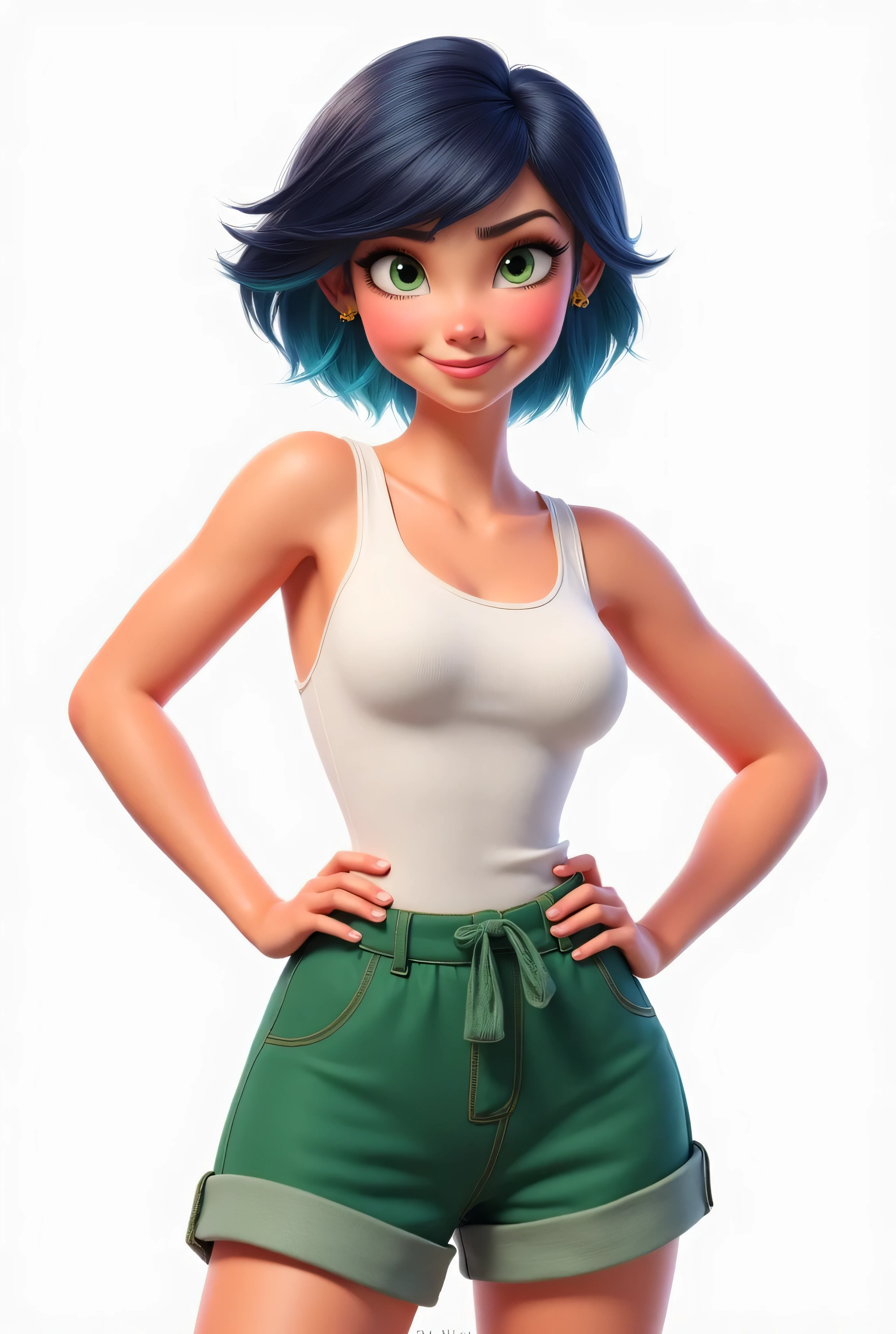 Score_9, score_8_up, score_7_up, a beautiful girl with short hair with blue highlights, hands on her hips, white tank top, wide green shorts, Disney-Pixar 